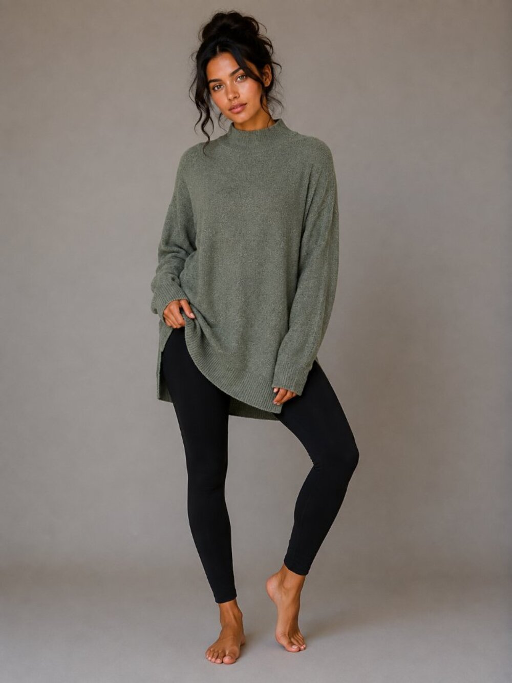 Magaschoni Mock Neck Sweater W/S Green Oversized Knit Side Slit NWT